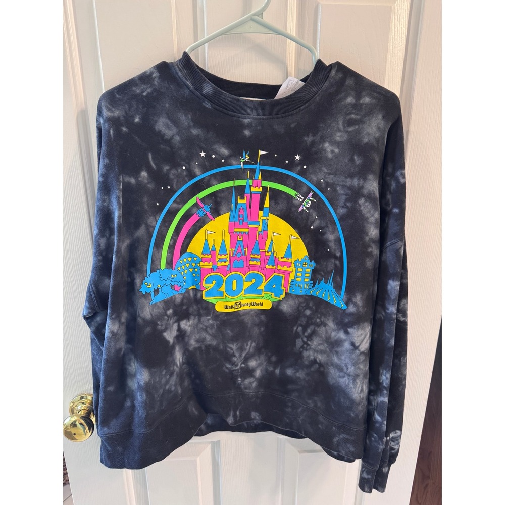 Disney World 2024 Tie Dye Sweatshirt Black Grey Acid Wash Castle Neon Small - Picture 2 of 7